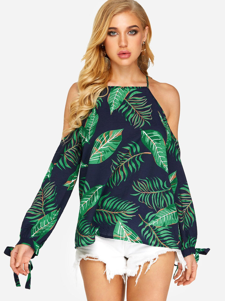 Cold Shoulder Floral Print Self-Tie Long Sleeve Green Blouses