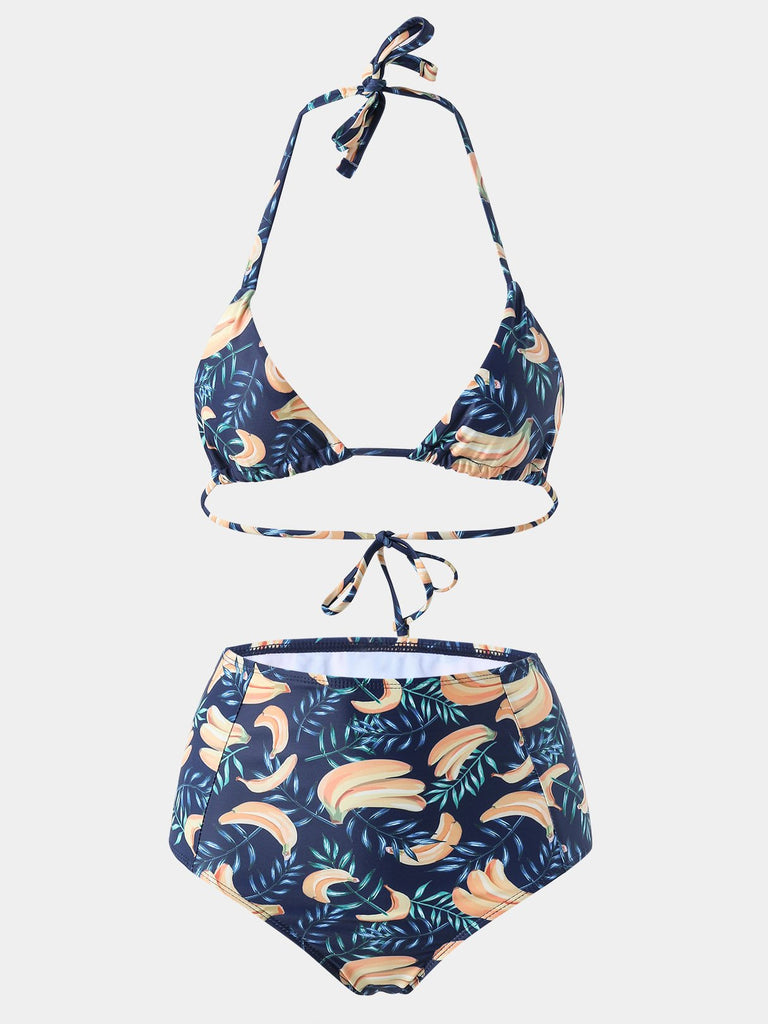 Navy Halter Sleeveless Printed Backless Self-Tie Two Piece Bikinis