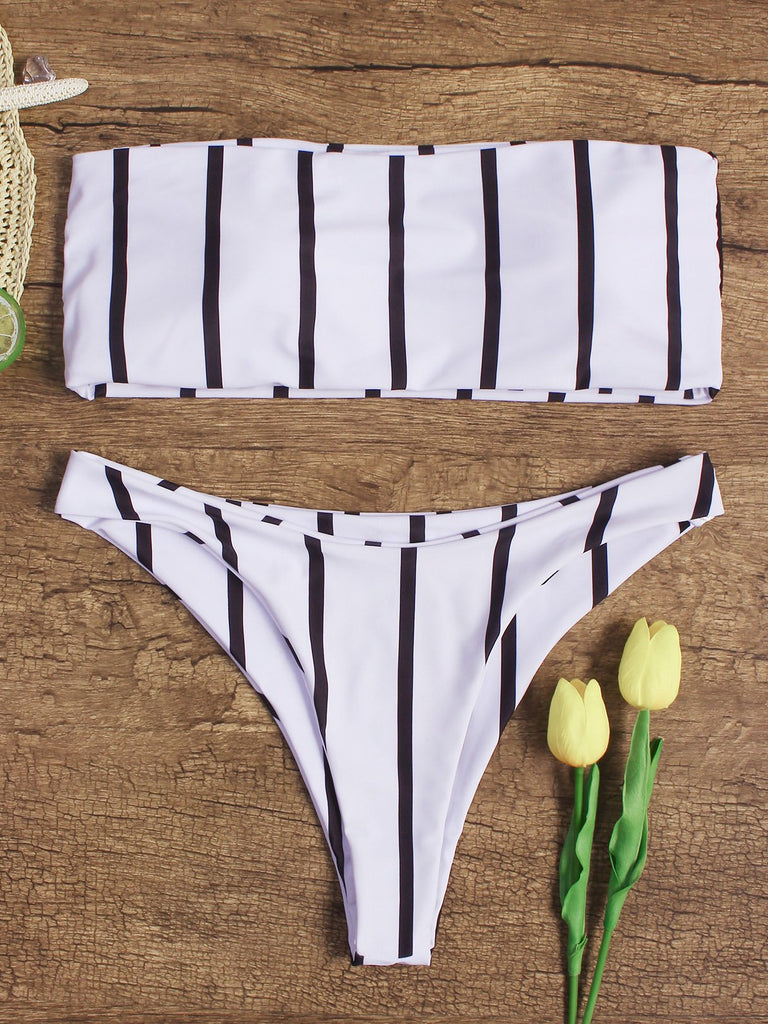 Off The Shoulder Sleeveless Stripe High Waist 2 Piece Bikinis