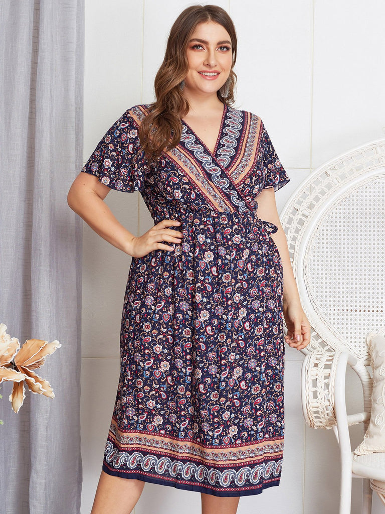 V-Neck Tribal Print Crossed Front Self-Tie Wrap Short Sleeve Plus Size Dress