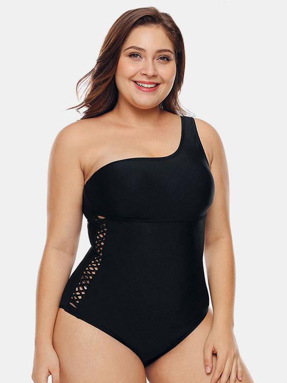 One Shoulder Plain Criss-Cross Sleeveless Black Plus Size Swimwear