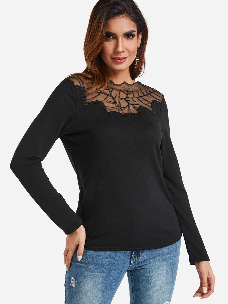 Round Neck Lace Long Sleeve Black T-Shirt
