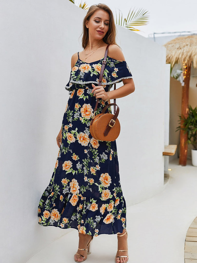 Short Sleeve Floral Print Spaghetti Strap Ruffle Hem Maxi Dress