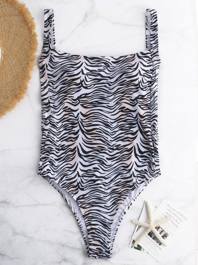 Square Neck Sleeveless Zebra Backless High Waist One-Pieces Swimsuits