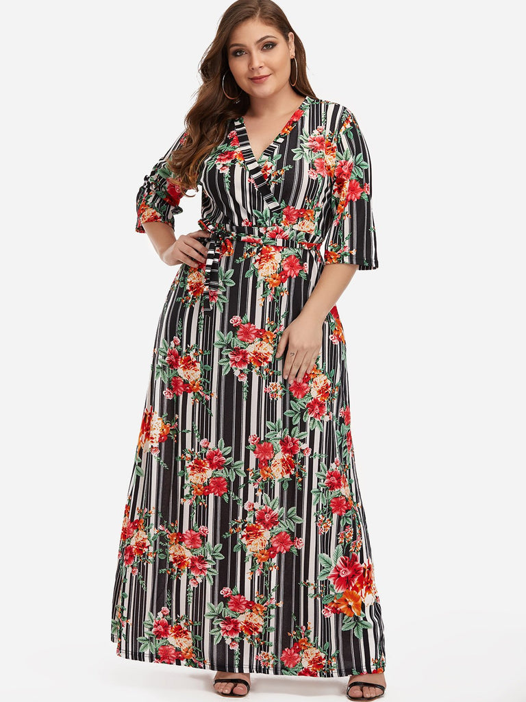 V-Neck Self-Tie Wrap Half Sleeve Plus Size Dress