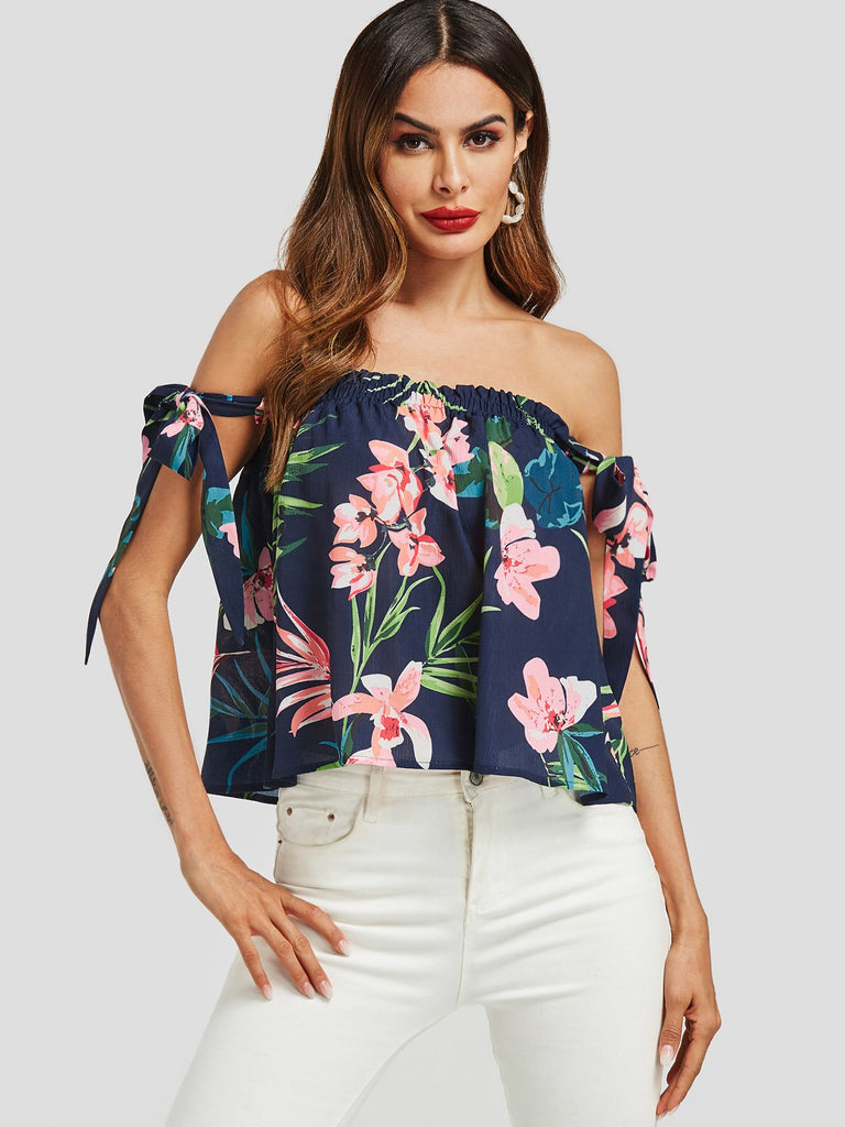 Off The Shoulder Floral Print Self-Tie Sleeveless Navy Blouses