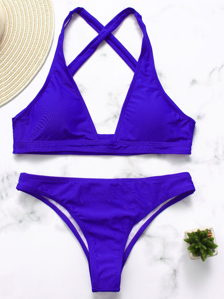 Blue Halter Sleeveless Plain Bodycon Two Piece Bikinis