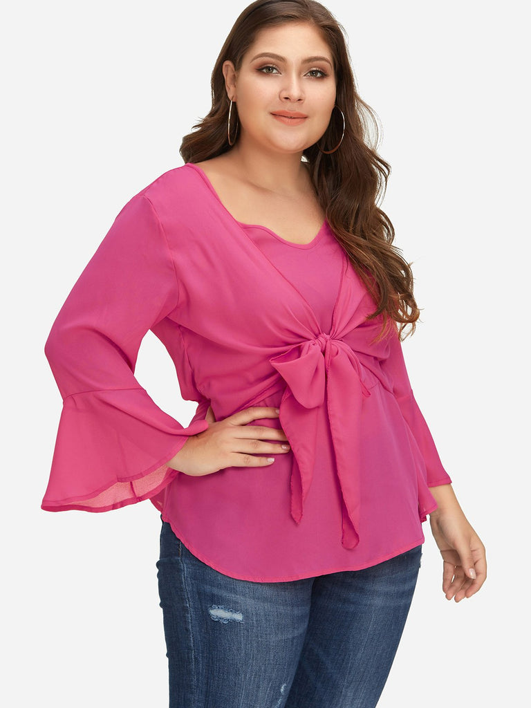 V-Neck Plain Tie-Up Long Sleeve Plus Size Tops