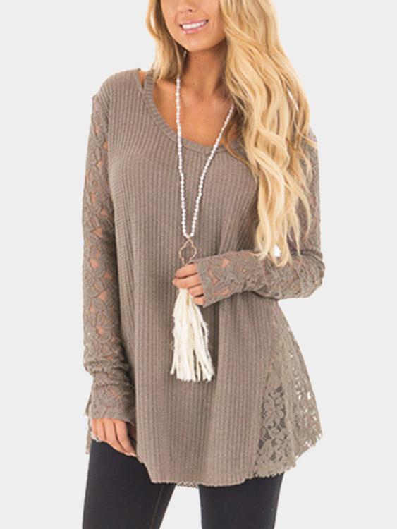 Round Neck Lace Hollow Long Sleeve Khaki Top