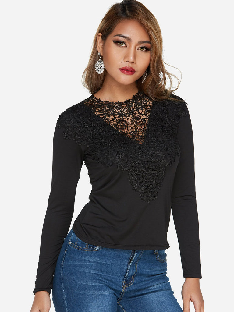 V-Neck Lace-Up Long Sleeve Black Top
