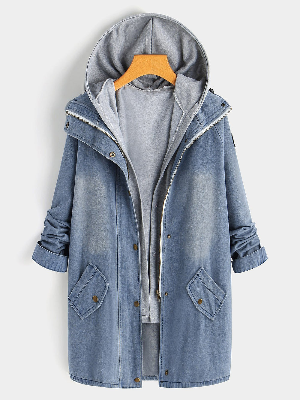 Side Pockets Long Sleeve Light Blue Plus Size Coats & Jackets