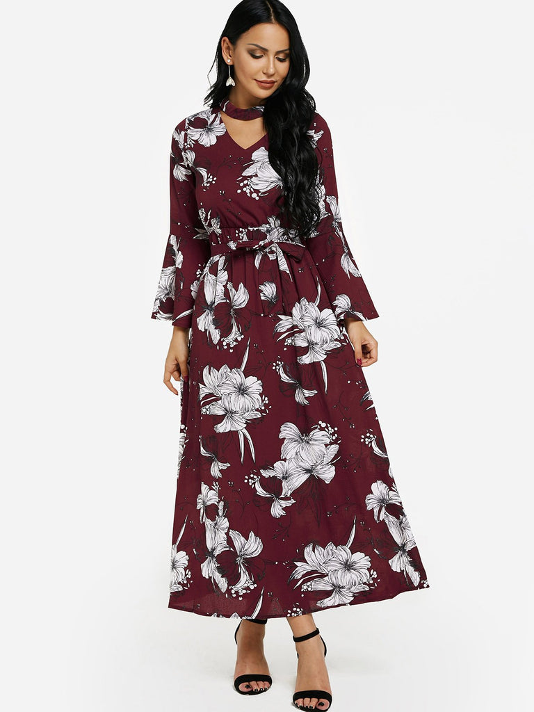 V-Neck Floral Print Cut Out Self-Tie Long Sleeve Flounced Hem Burgundy Maxi Dress