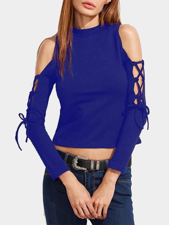 Chimney Collar Cold Shoulder Lace-Up Cut Out Long Sleeve Blue T-Shirts