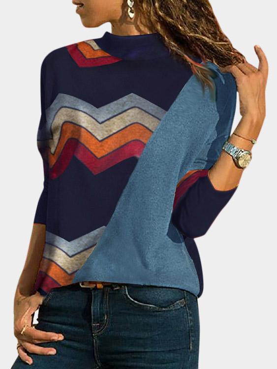 High Neck Stripe Long Sleeve Blue T-Shirts