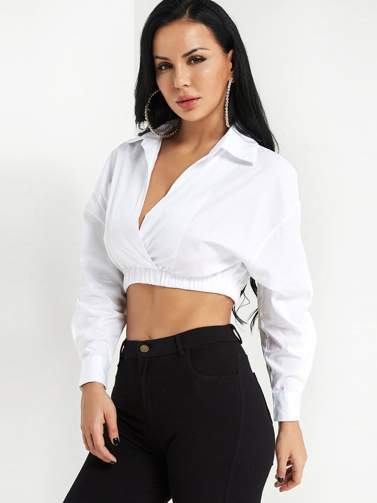 V-Neck Long Sleeve White Blouses