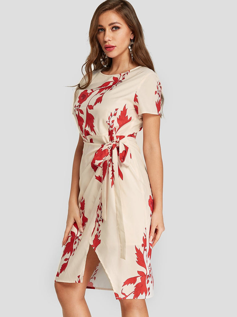 Apricot Round Neck Short Sleeve Floral Print Slit Irregular Hem Dresses