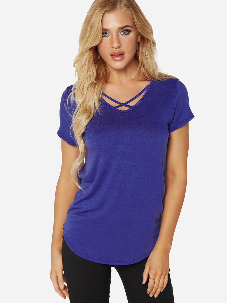 V-Neck Plain Crossed Front Short Sleeve Tee