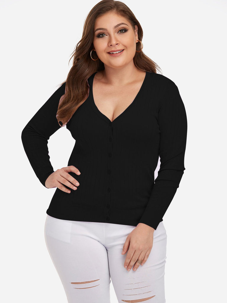 Plus Size V-Neck Plain Long Sleeve Black Tops