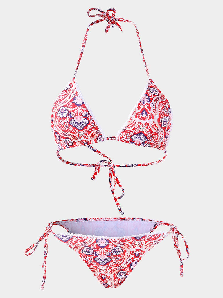 Halter Deep V Neck Floral Print Backless Sleeveless 2 Piece Bikinis