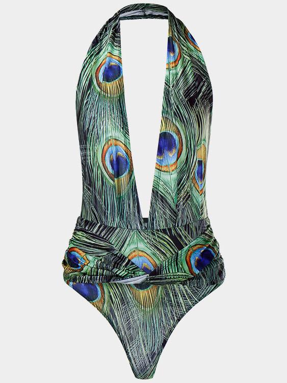 Green Deep V Neck Sleeveless Printed Crossed Front Backless One-Pieces Swimsuits