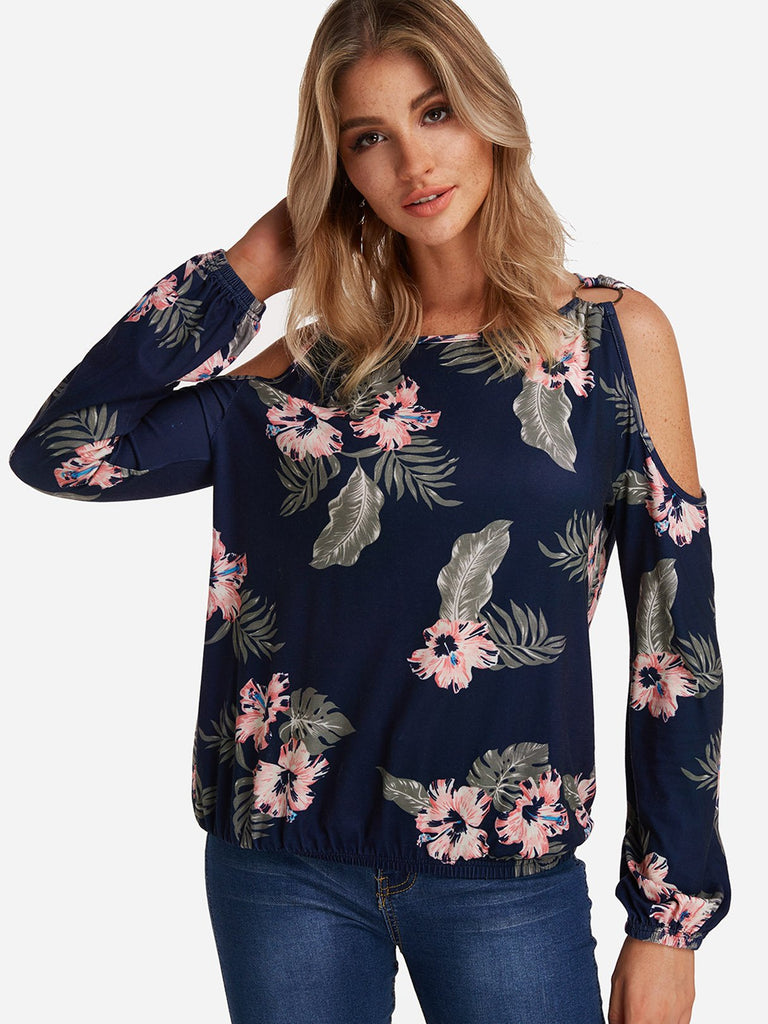 Cold Shoulder Floral Print Cut Out Long Sleeve Navy T-Shirts