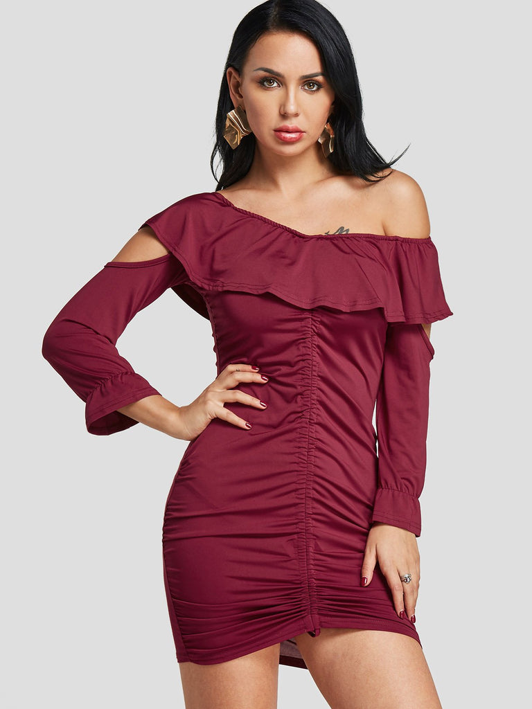 Burgundy Off The Shoulder Long Sleeve Cut Out Bodycon Dresses