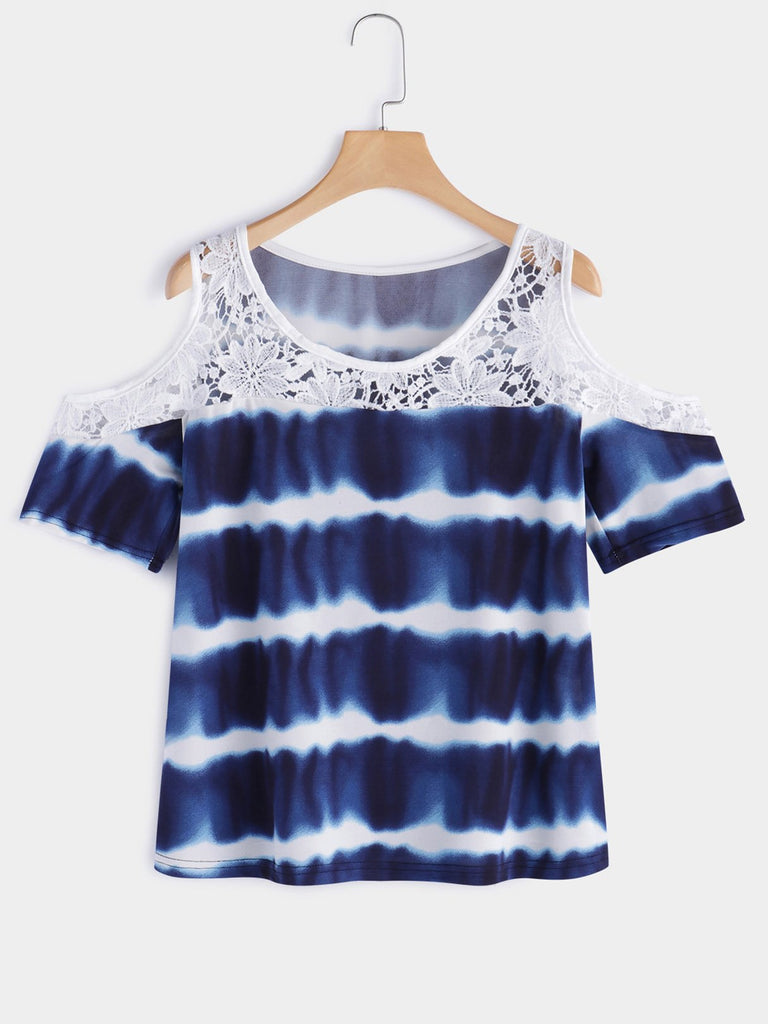 Crew Neck Cold Shoulder Wave Lace Cut Out Short Sleeve Blue Blouses
