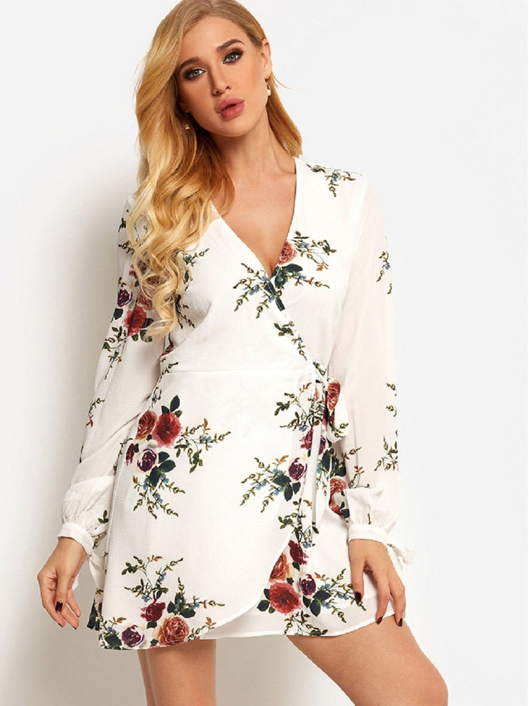 White V-Neck Long Sleeve Floral Print Wrap Dresses