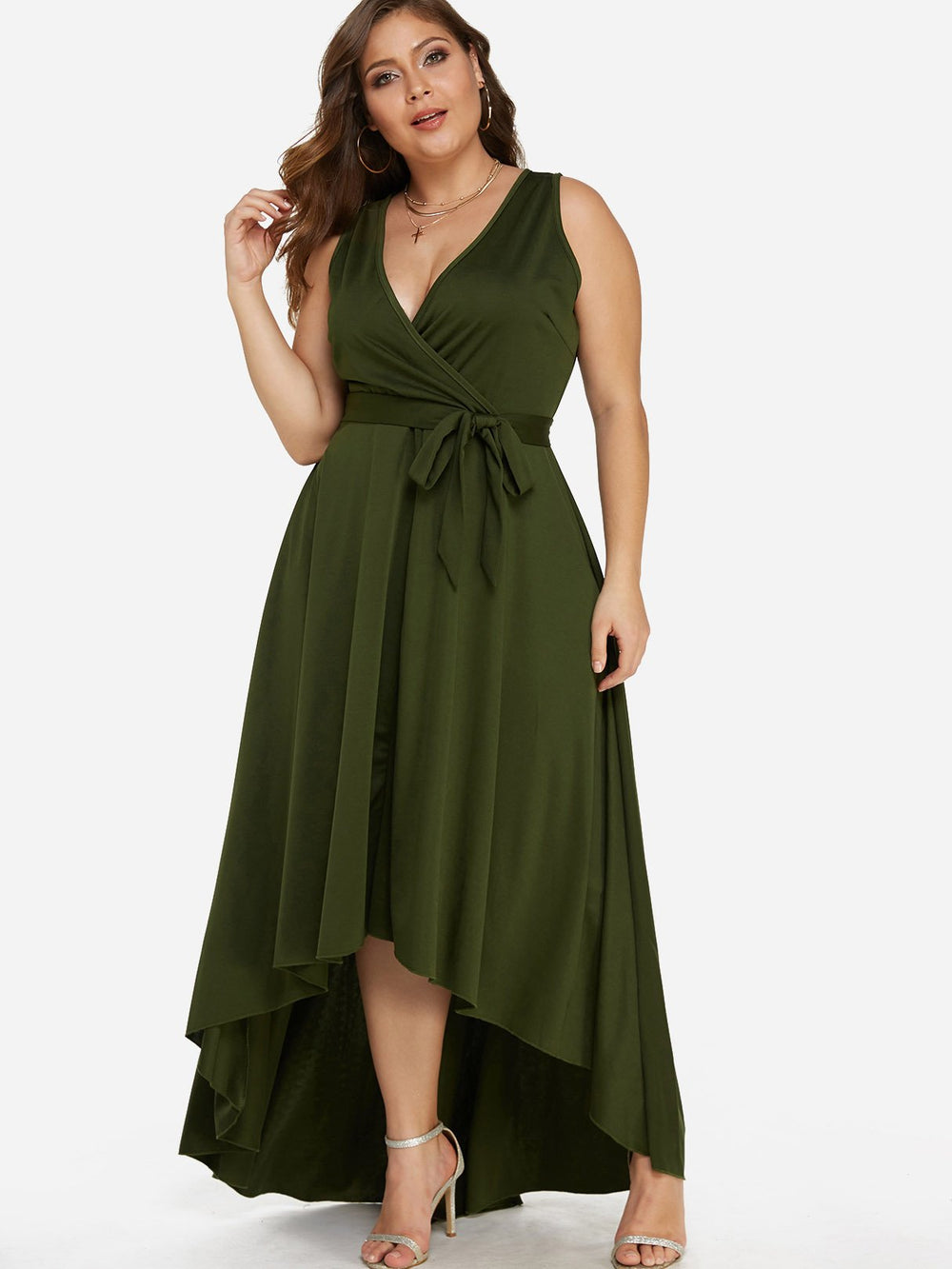 V-Neck Pleated Self-Tie Sleeveless High-Low Hem Army Green Plus Size Dresses