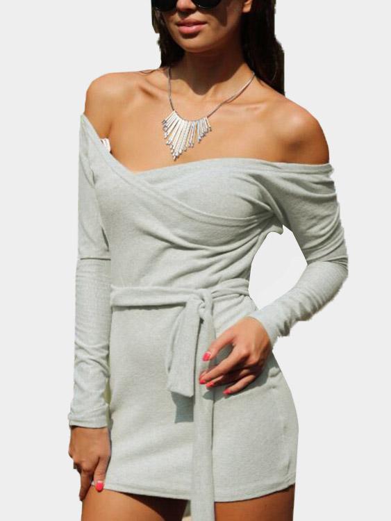 Grey Off The Shoulder Long Sleeve Plain Crossed Front Backless Belt Self-Tie Mini Dress