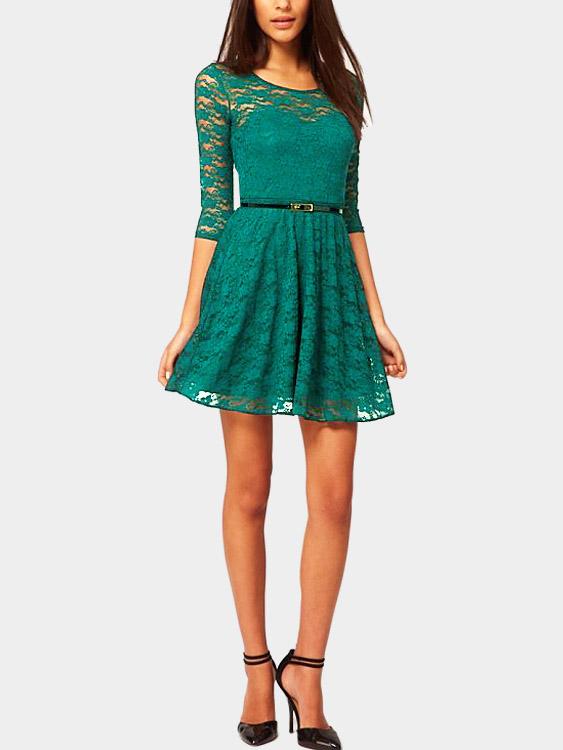 Lace 3/4 Length Sleeve Green Mini Dress