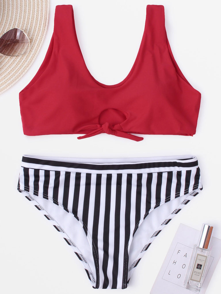 V-Neck Sleeveless Stripe Two Pieces Bikini