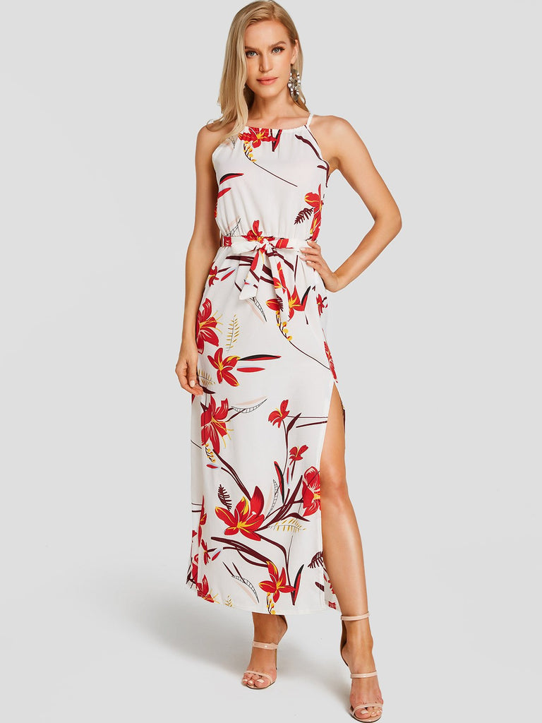 Halter Sleeveless Floral Print Spaghetti Strap Belt Slit Hem Dresses