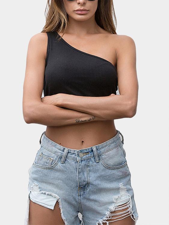 One Shoulder Plain Backless Spaghetti Strap Sleeveless Black Camis