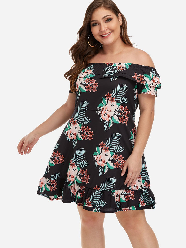 Off The Shoulder Floral Print Tiered Short Sleeve Flounced Hem Plus Size Mini Dresses