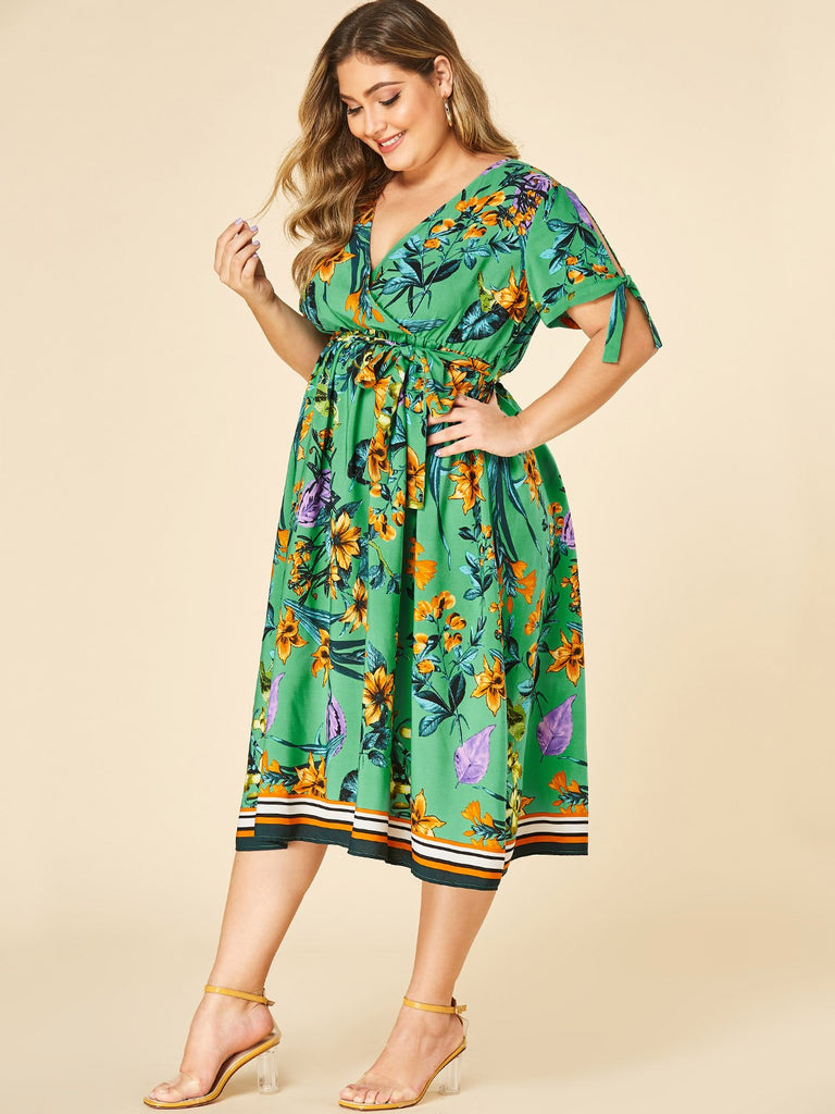 V-Neck Floral Print Cut Out Self-Tie Wrap Short Sleeve Green Plus Size Dress