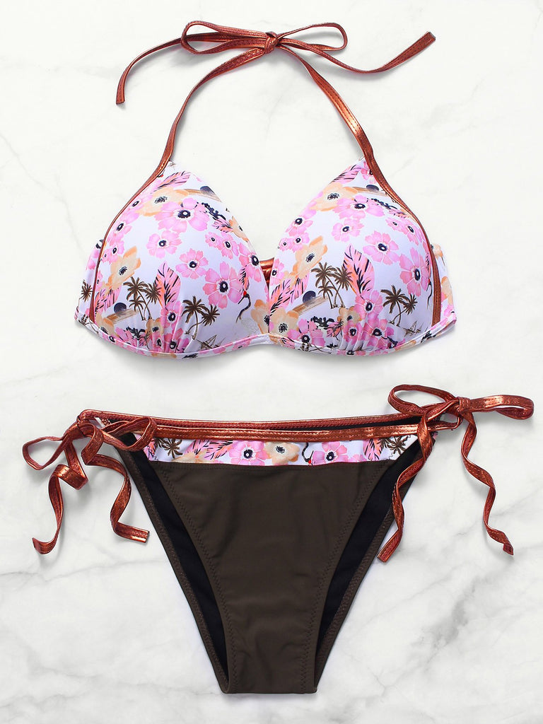 V-Neck Floral Print Tie-Up Sleeveless Pink Bikini Set