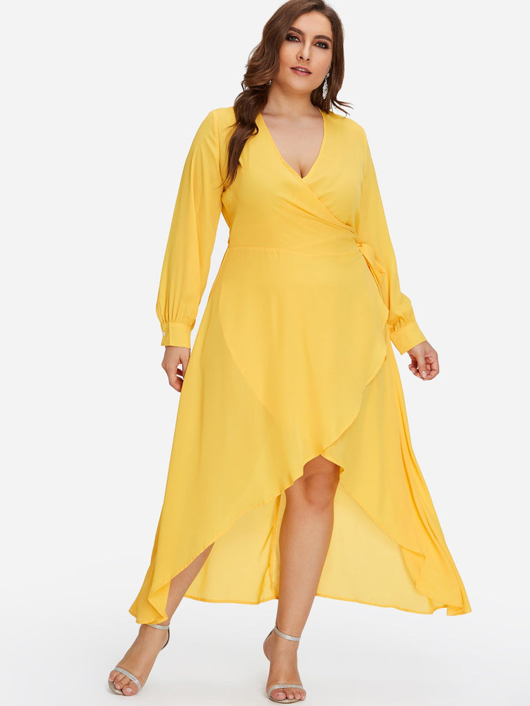V-Neck Plain Self-Tie Wrap Long Sleeve Yellow Plus Size Dress
