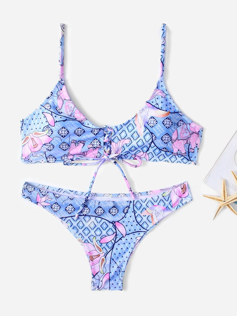Sky Blue Halter Sleeveless Floral Print Two Piece Bikinis