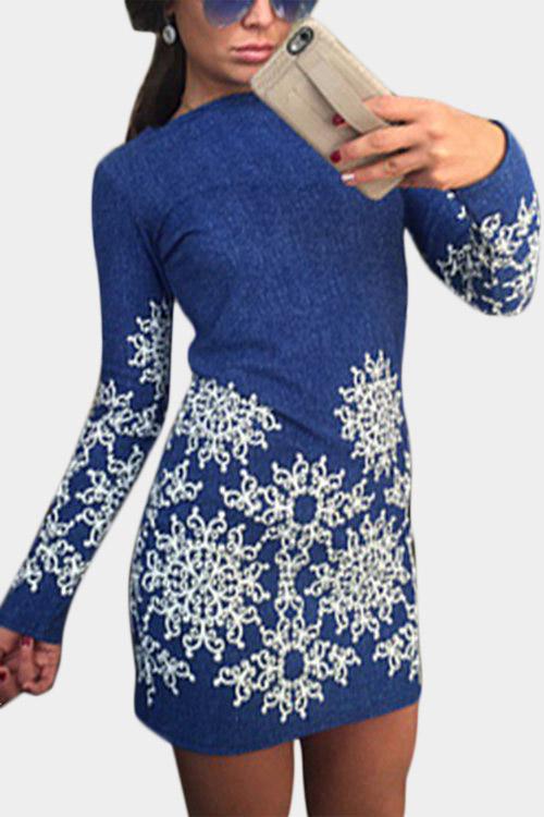 Blue Round Neck Floral Print Long Sleeve Mini Dress