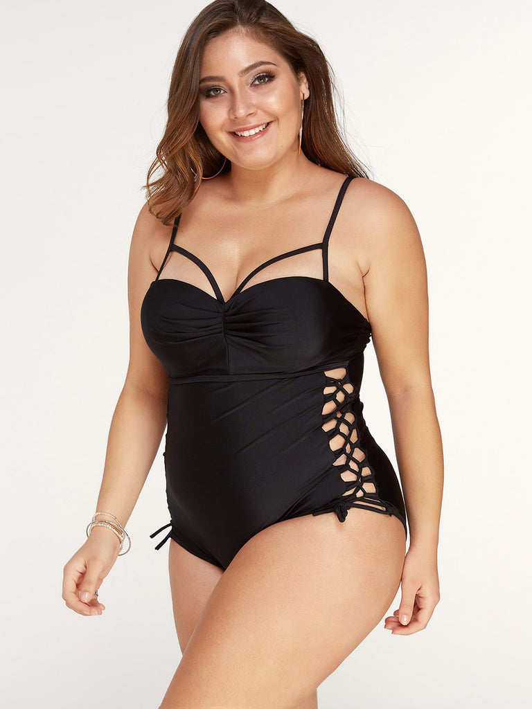 Lace-Up Spaghetti Strap Sleeveless Black Plus Size Swimwear