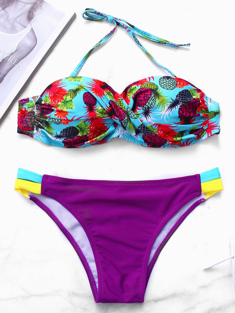 Halter V-Neck Sleeveless Floral Print Bikinis