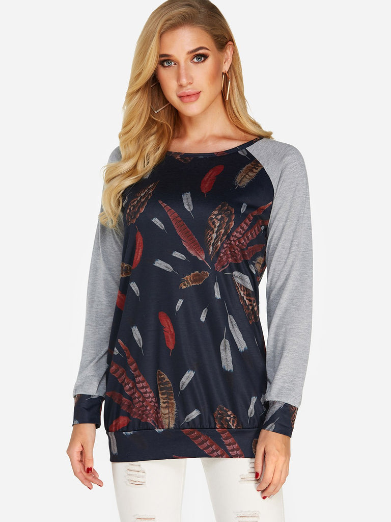 Round Neck Printed Long Sleeve Navy T-Shirts