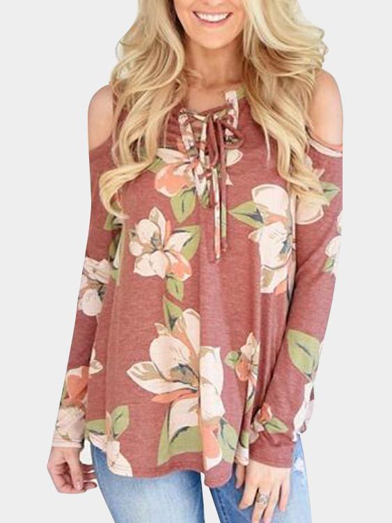 V-Neck Floral Print Lace-Up Long Sleeve Red T-Shirts