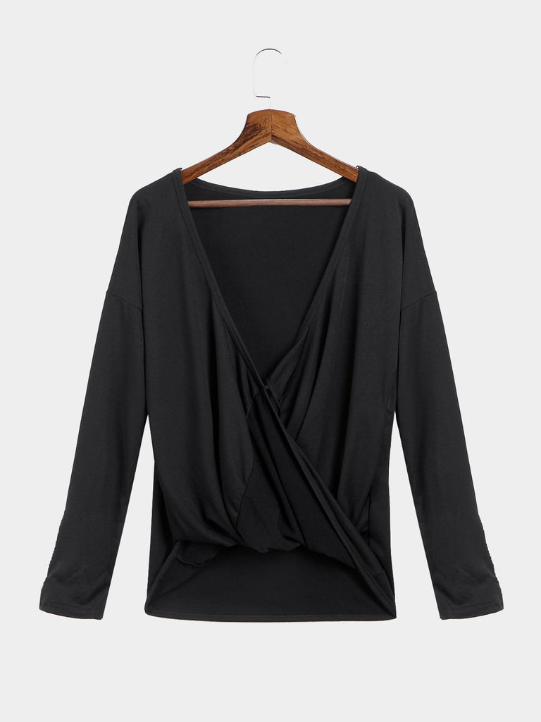 Cross Front Fall V-Neck Long Sleeve Black T-Shirts