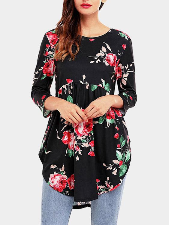 Round Neck Floral Print 3/4 Sleeve Curved Hem Black T-Shirts