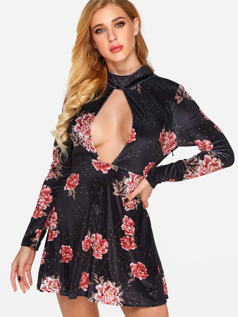 Black Long Sleeve Floral Print Zip Back Backless Cut Out Dresses