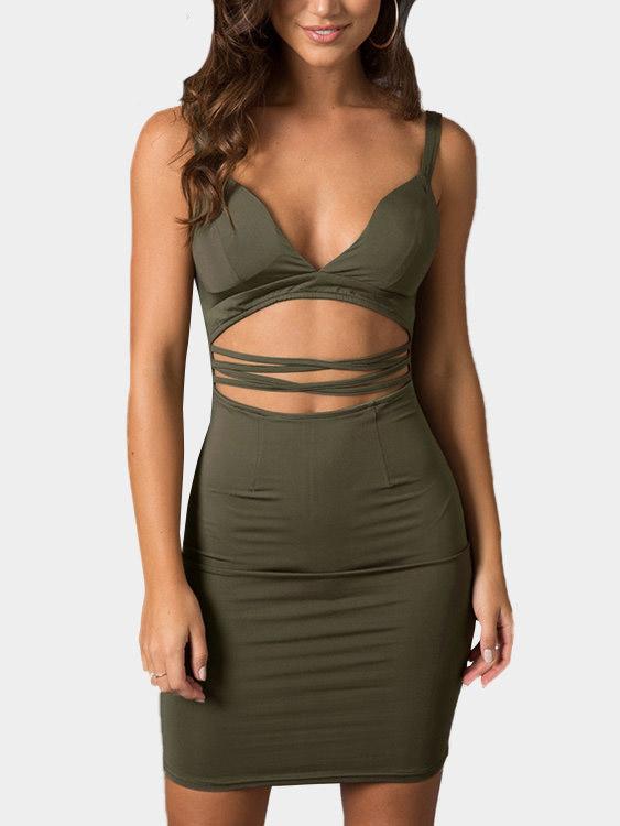 Green V-Neck Sleeveless Stripe Backless Mini Dress