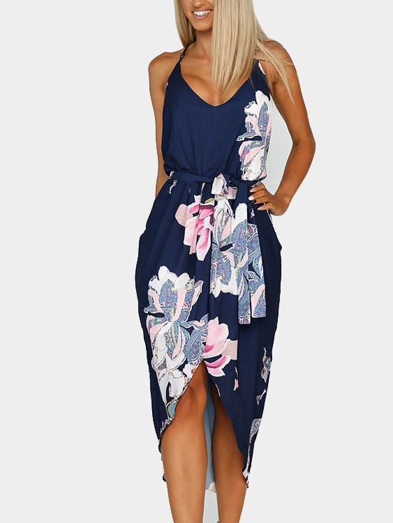 Dark V-Neck Sleeveless Floral Print Side Pockets Self-Tie Irregular Hem Dresses