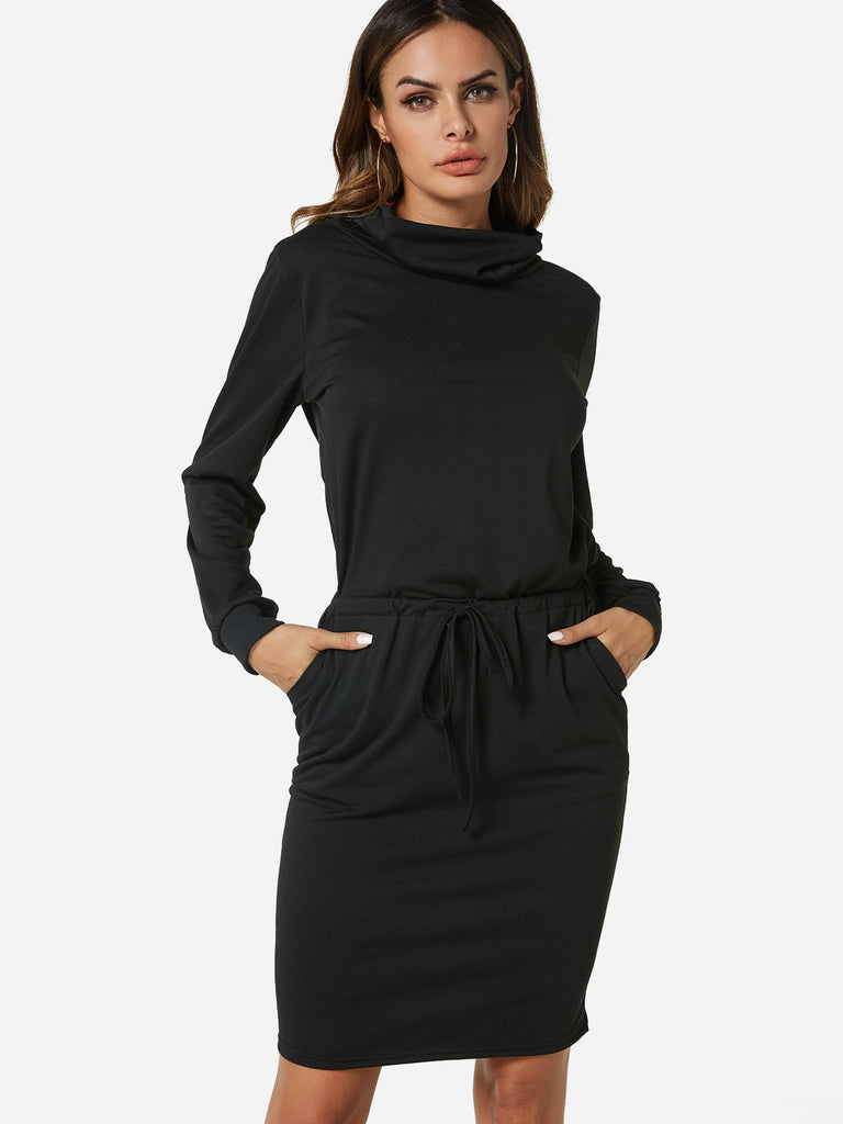 Black High Neck Plain Side Pockets Self-Tie Casual Dress